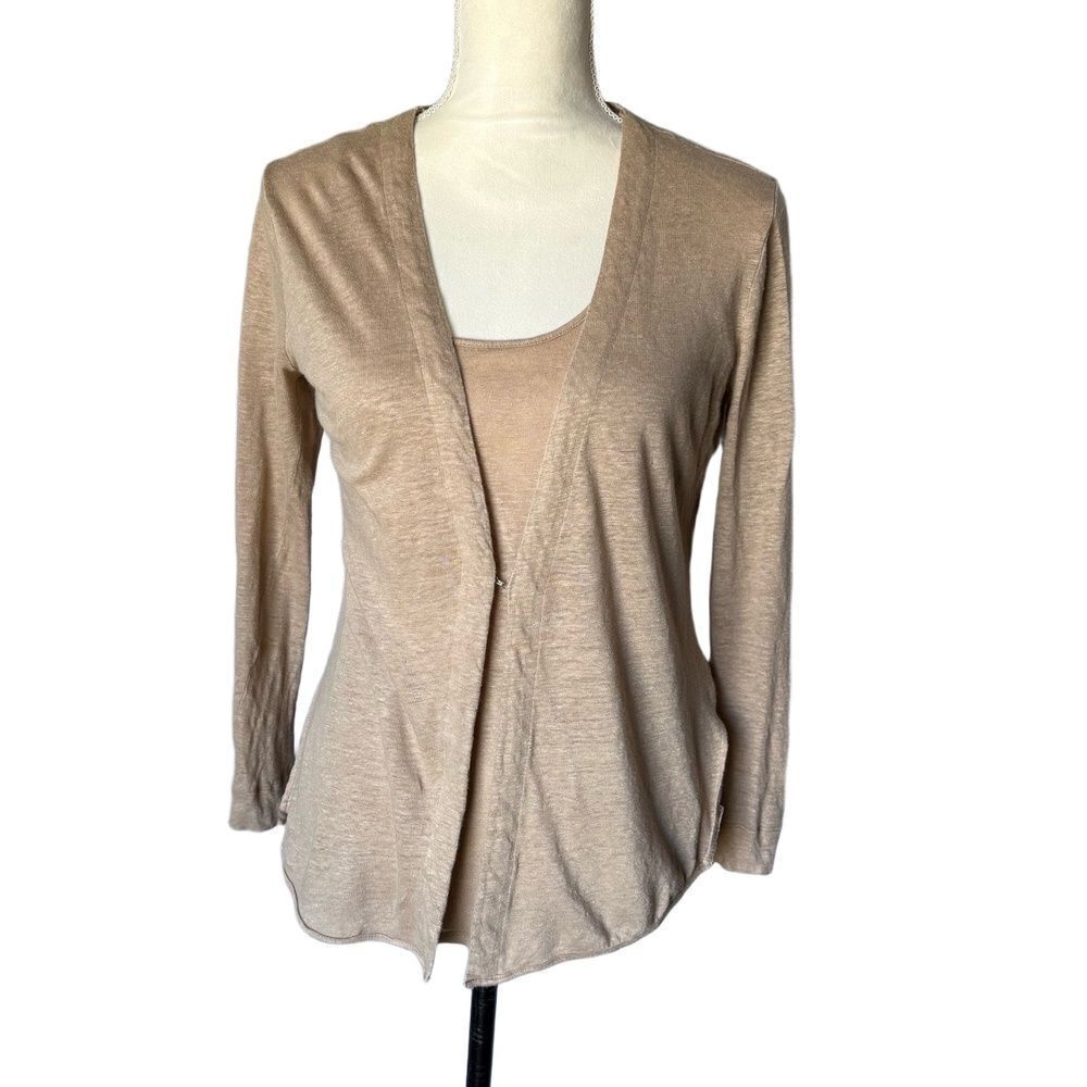 Ecru Cardigan Tank Set Size XS Light Brown Linen Open Front Two Piece Coastal